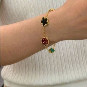 Gold Multi-Color Clover & Ladybug Charm Bracelet - Women Jewelry